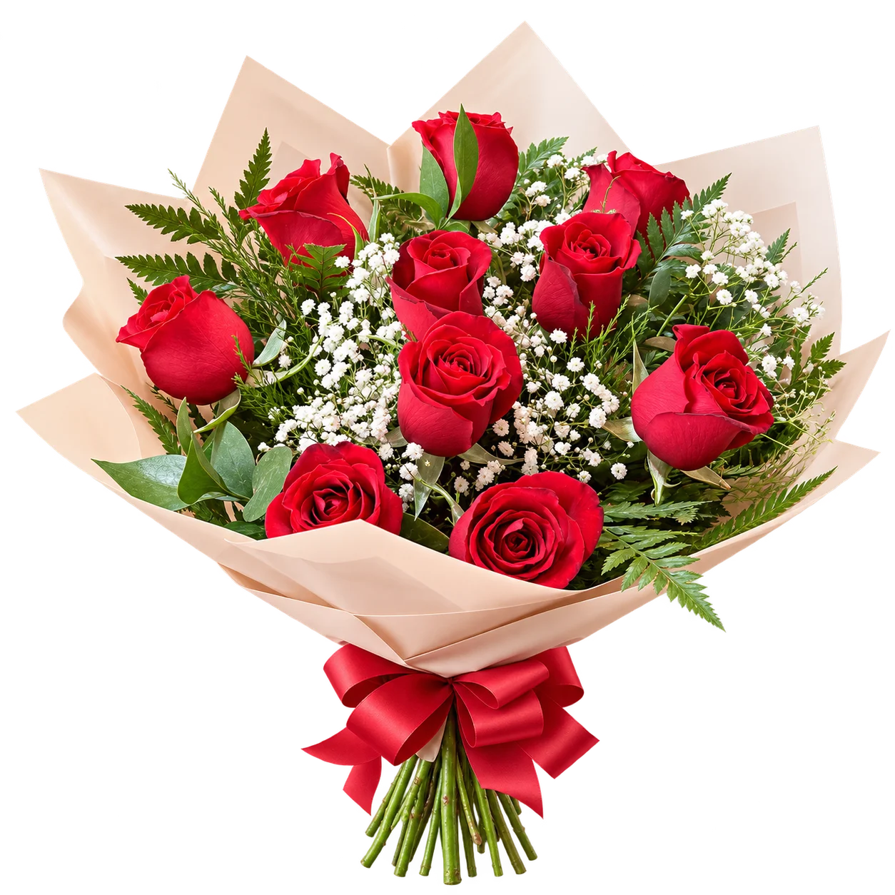Buquê de rosas vermelhas com flores brancas, folhagens e laço vermelho, inspirado no arranjo real da Bamboo